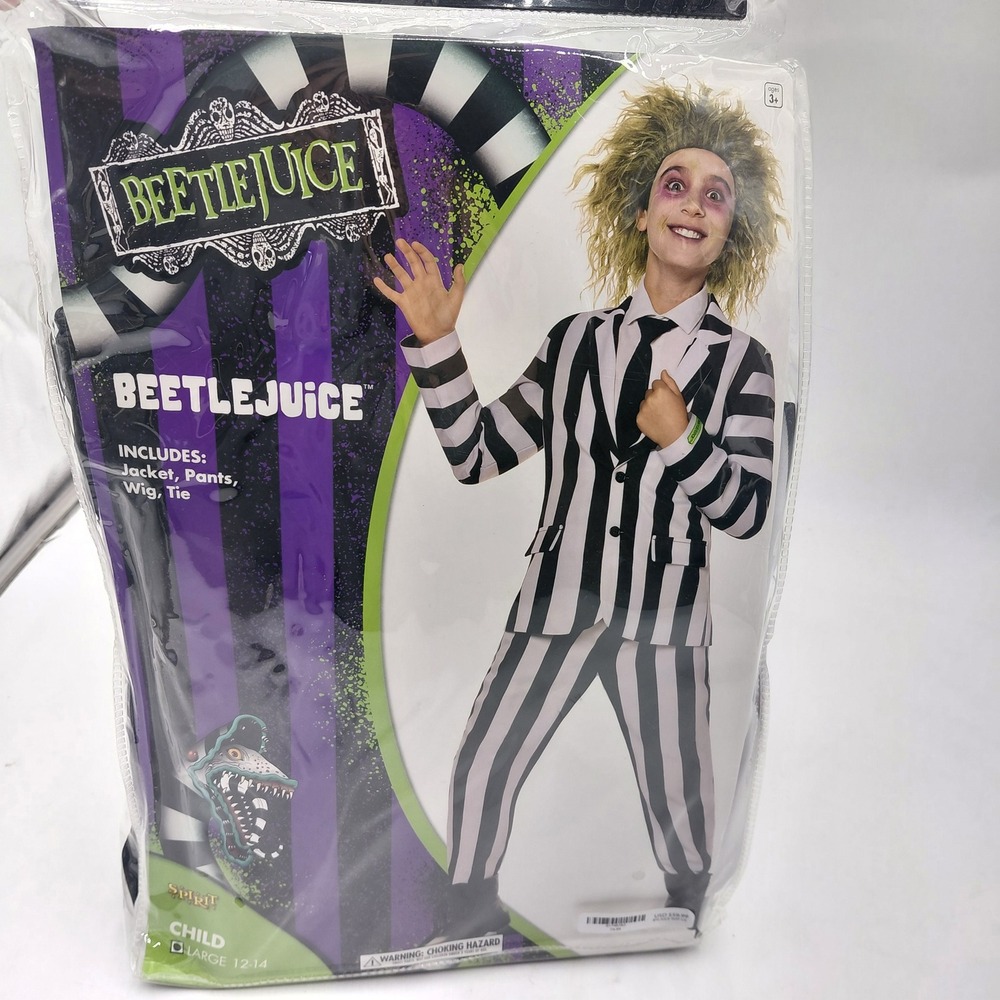 Spirit Halloween Beetlejuice Kids Costume Striped Suit Wig Tie L 12-14 NEW Movie